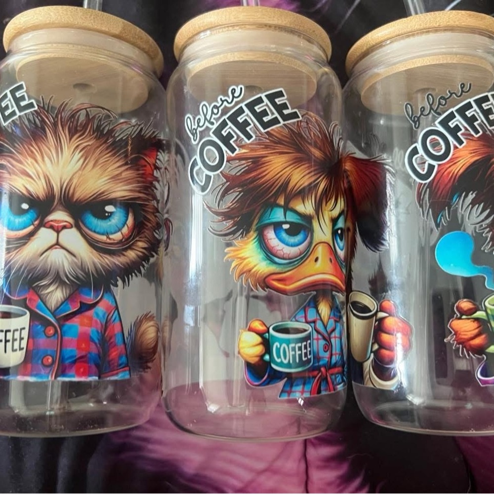 Set of 3 Cartoon Coffee Glasses with Bamboo Lids
